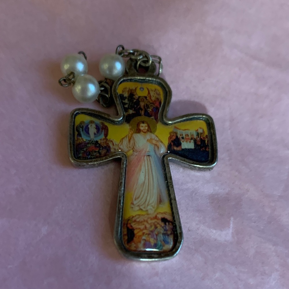 Religious Cross Pendant Necklace with Pearl Accents - Yellow